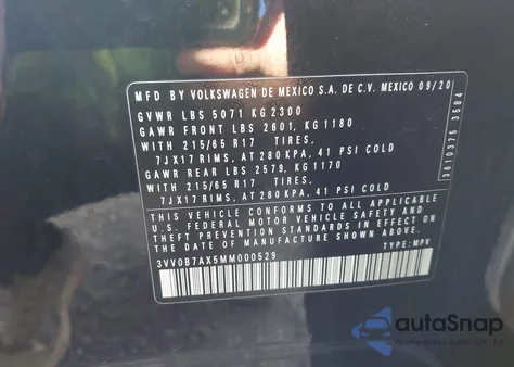 2021 Volkswagen Tiguan 2.0T S from USA, damaged, VIN 3VV0B7AX5MM000529